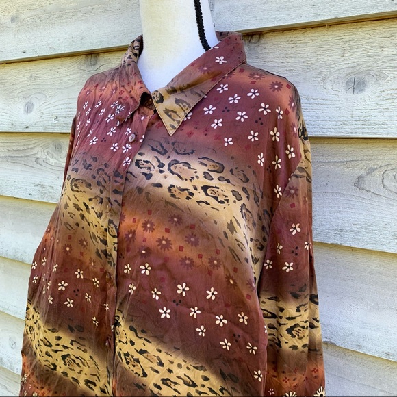 Vintage 90s Bob Mackie Silk Floral Leopard Print Button Down Long Sleeve Shirt - Picture 5 of 16